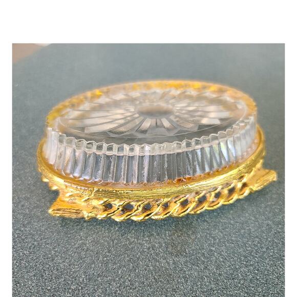 Vintage Stylebuilt Soap Dish Gold/Silver Tone Chain/Tassel Design Ribbed Glass - Picture 2 of 2
